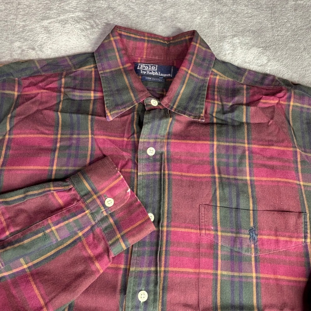 Polo Ralph Lauren Flannel Shirt Mens XL Burgundy Plaid Vintage Cotton Button Up